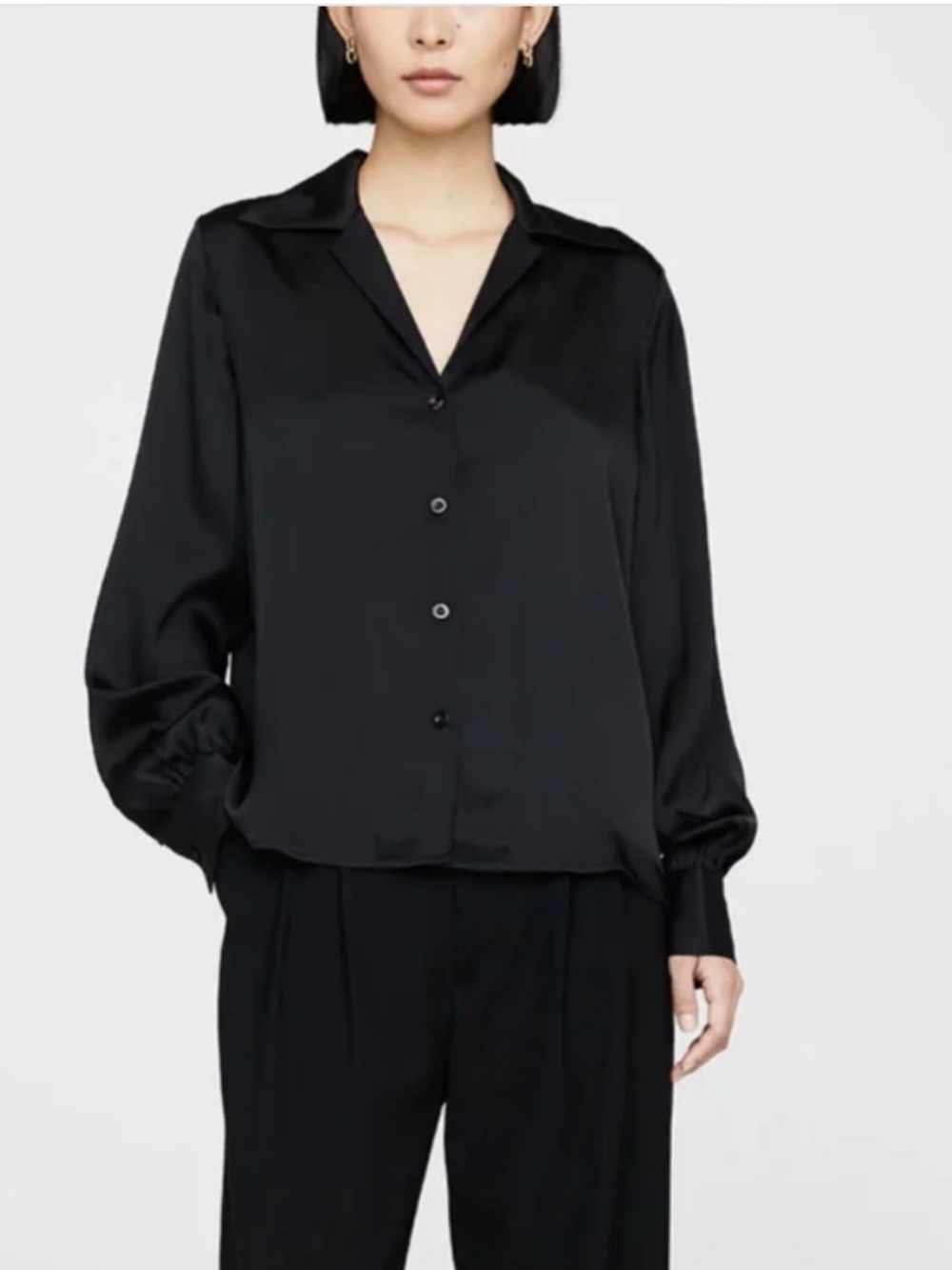 Anine Bing Mylah Silk Long Sleeve Button Down Shirt Black (SMALL)